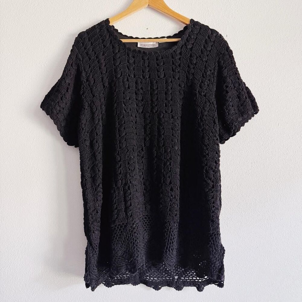 90s vintage black cotton crochet tee